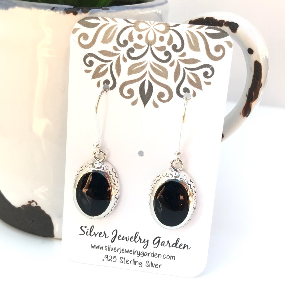 Black Onyx Oval Sterling Silver Hook Earrings